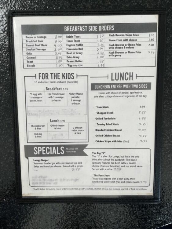 Lumpy's Cafe Lunch Menu from Cambridge City, Indiana