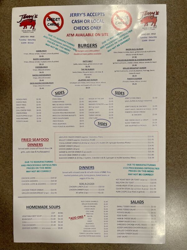 Jerry's Drive In Menu Front from Pensacola, Florida