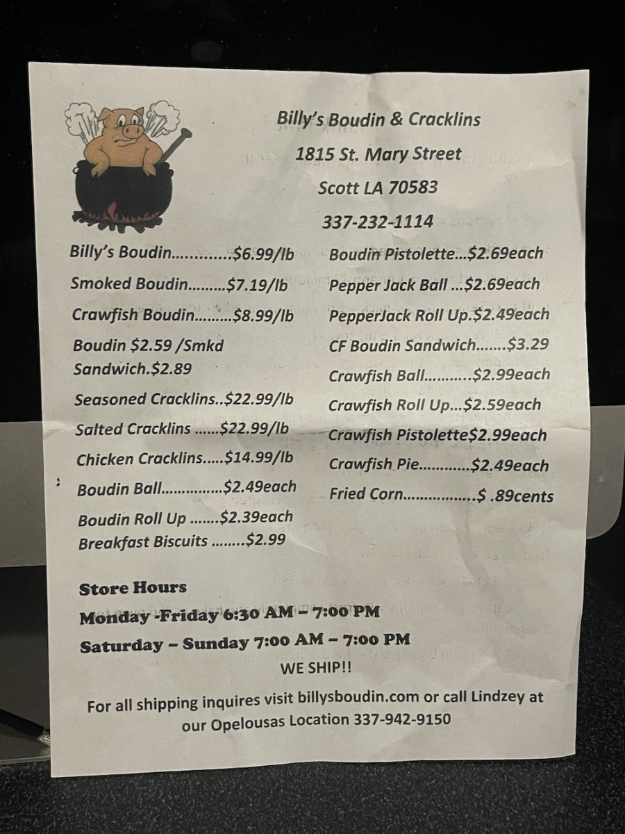 Billy's Boudin and Cracklins Menu - Front in Scott, Louisiana