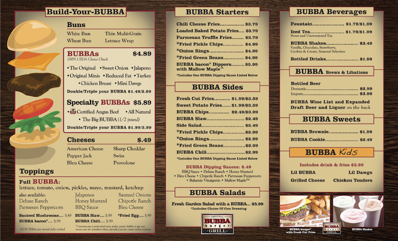 Menu from Bubba Burger Grill in Jacksonville, Florida