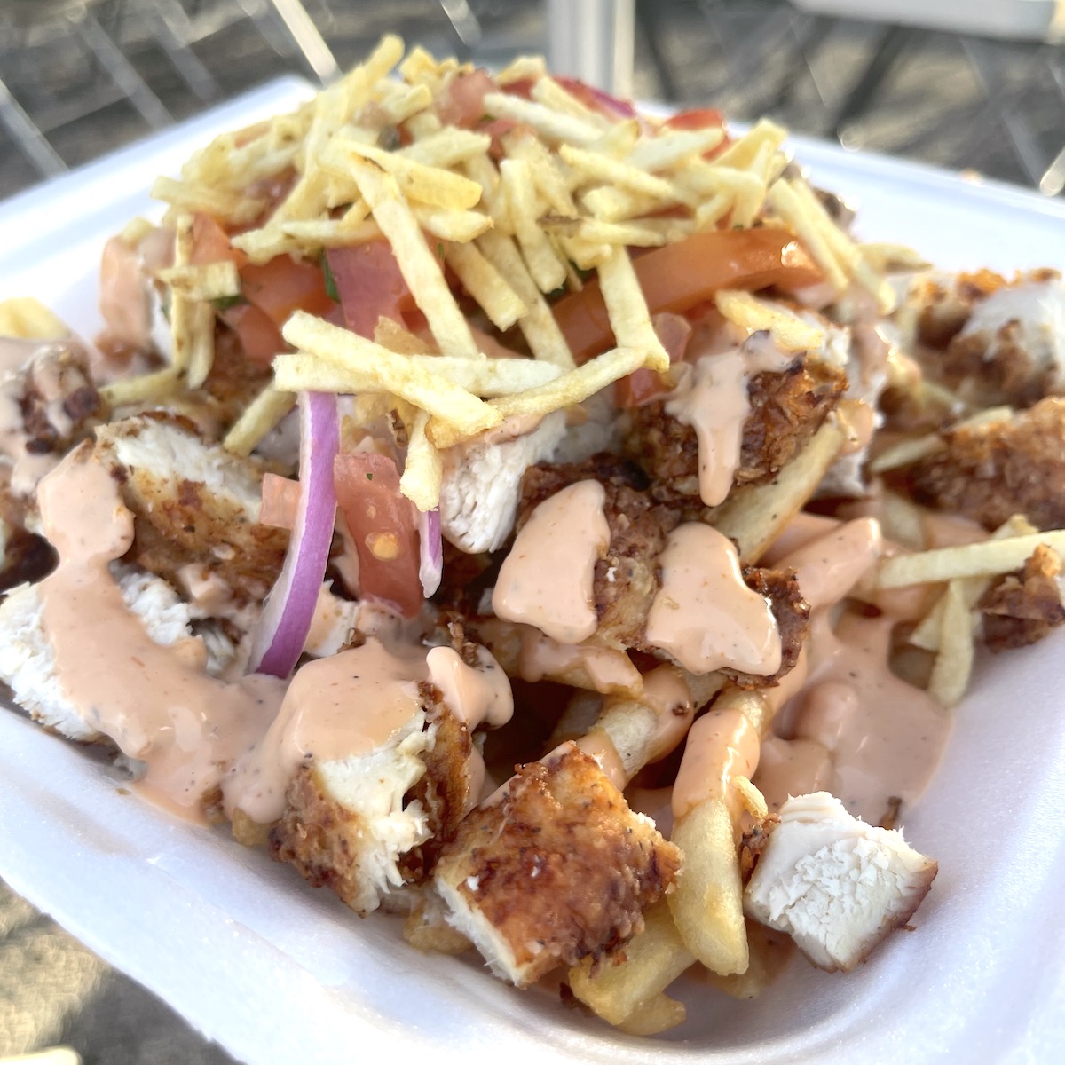 Loaded Fried Chicken Fries from Between Two Buns Food Trucks