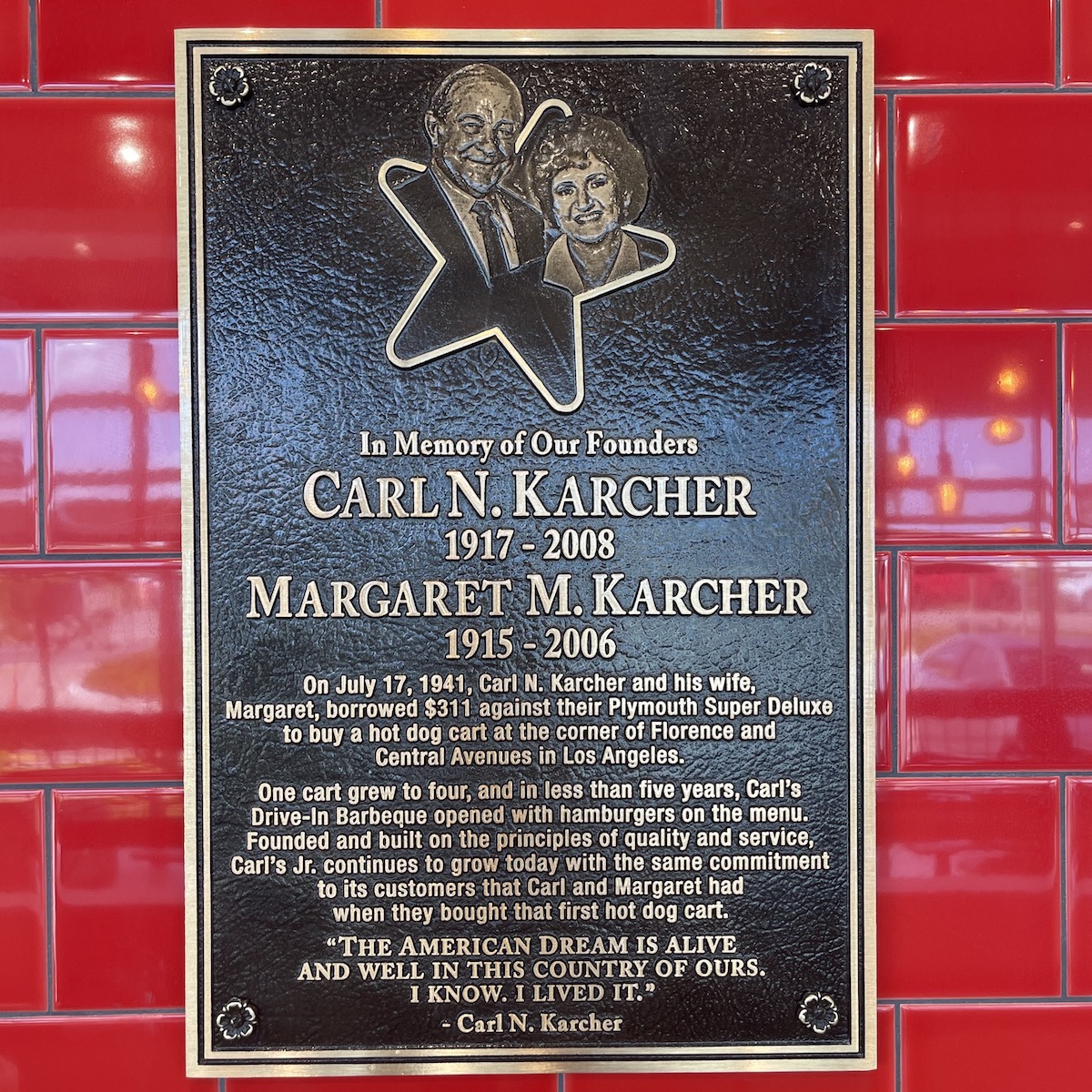 Carl and Margaret Karcher Memorial Plaque at Carl's Jr. in Doral, Florida