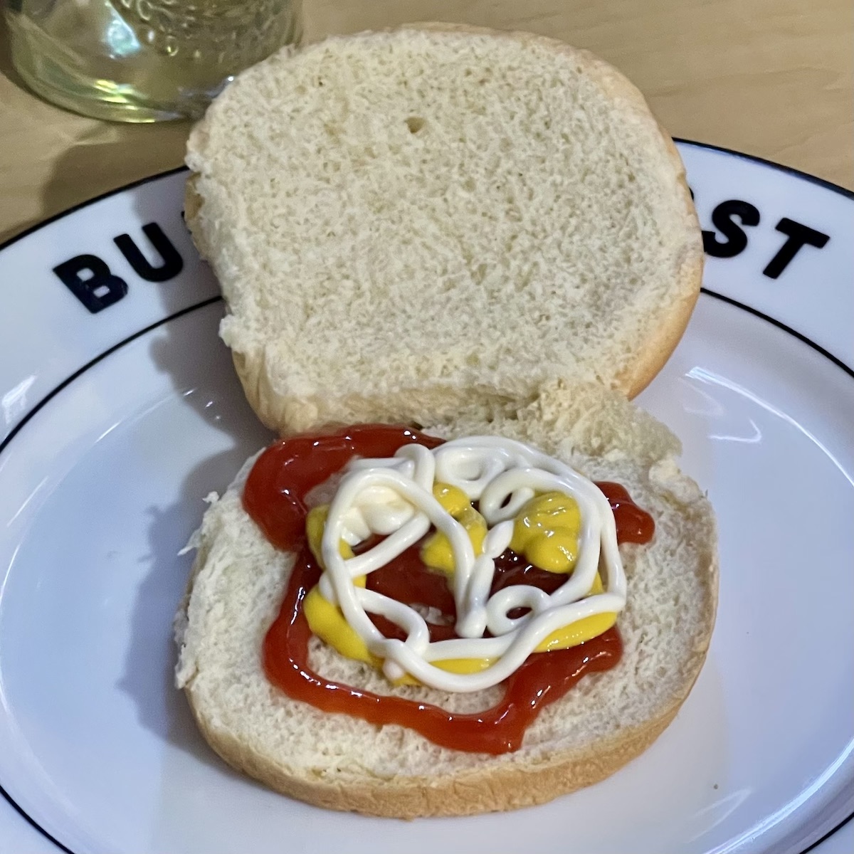 Wonder Bread Hamburger Bun with Ketchup, Yellow Mustard and Mayo