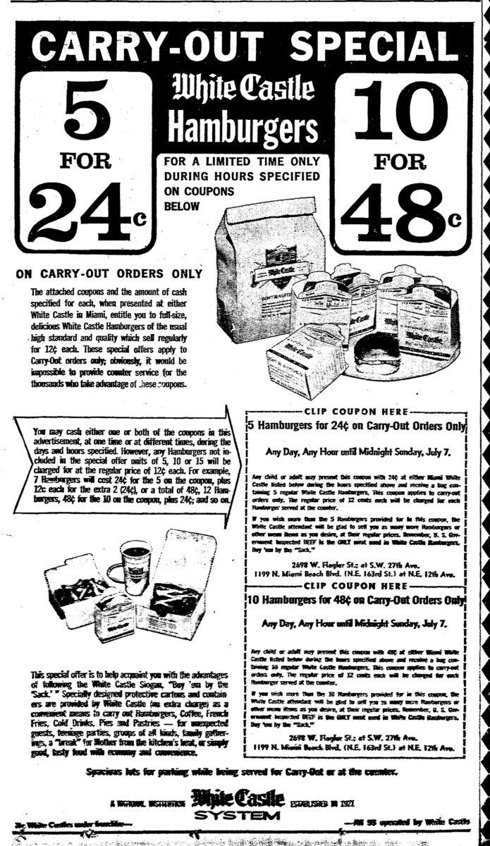 White Castle Ad in the Miami Herald  June 27th, 1963