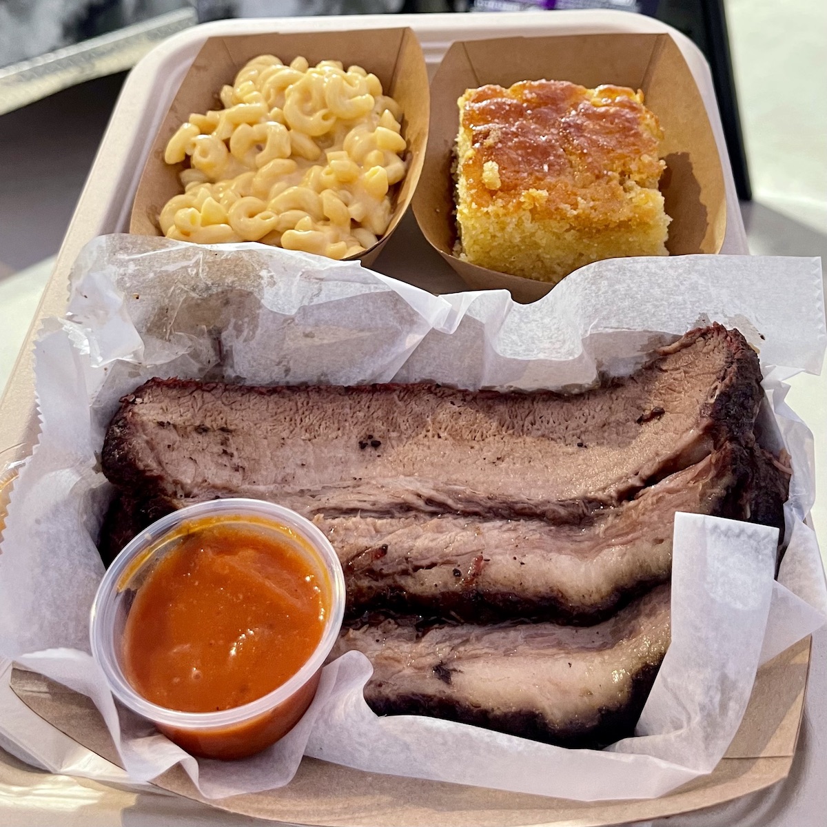 Mac and Cheese, Honey Cornbread and Brisket from the BBQin Cuban Food Truck