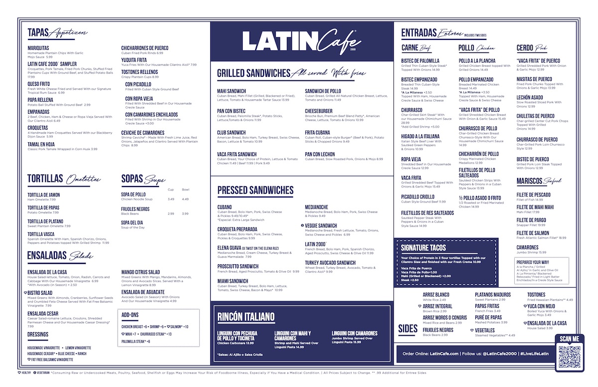 Latin Cafe 2000 Menu Front