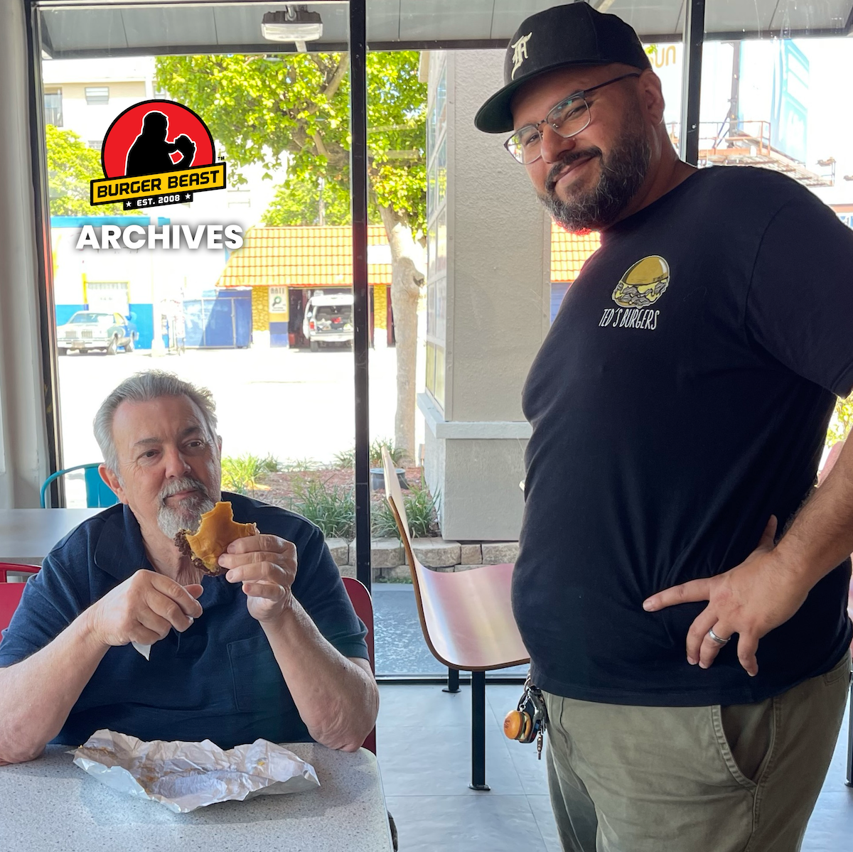 Burger Beast's Dad with Ted at a Burger Broskys Popup in Mojo Donuts