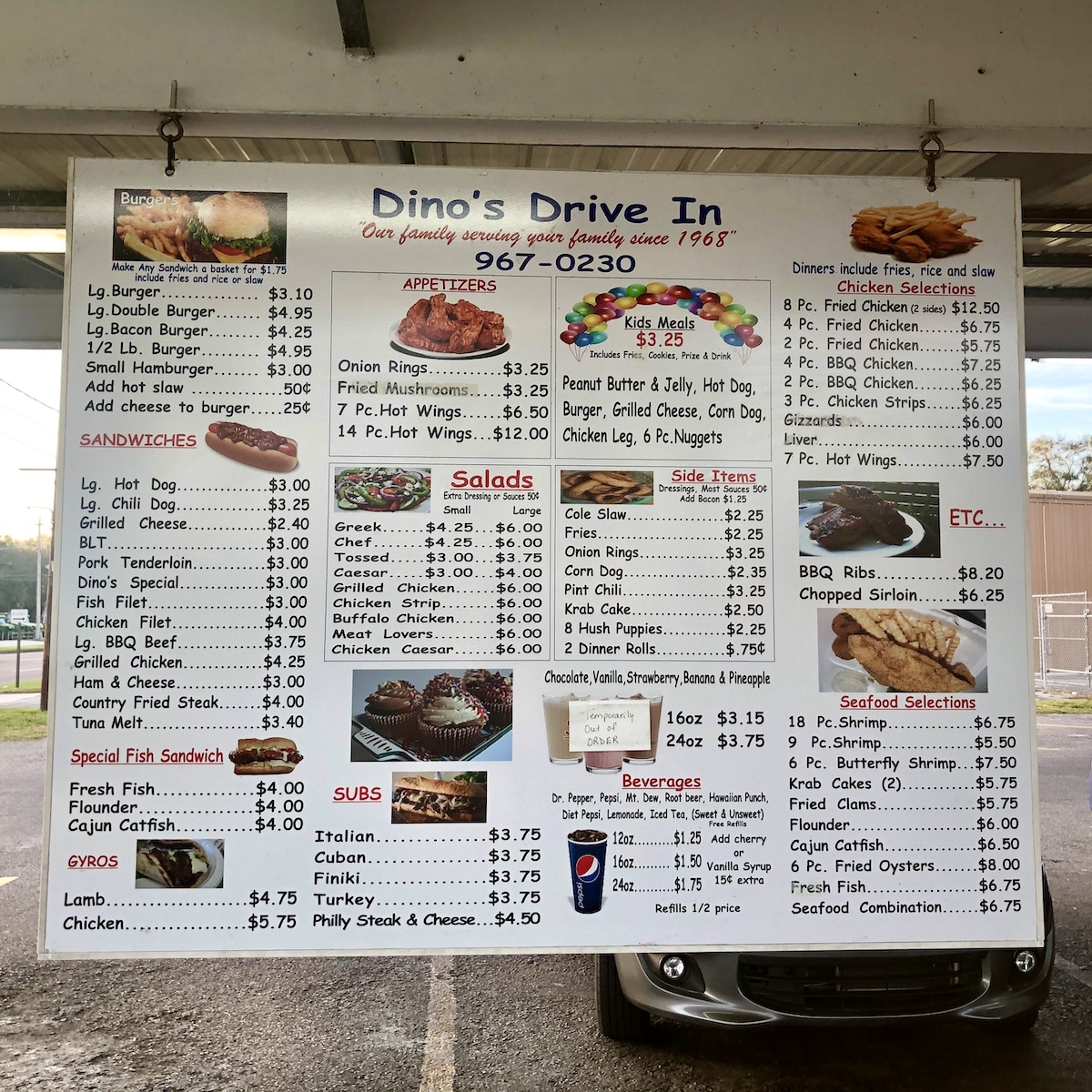 Menu Board from Dino's Drive-In in Winter Haven, Florida