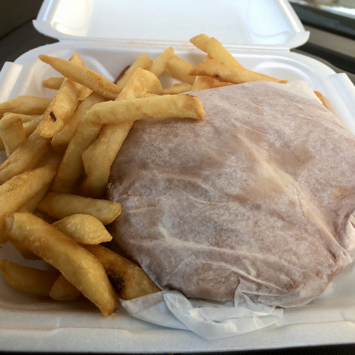 Wrapped Double Cheeseburger with Fries from John's Drive in Fort Meade, Florida