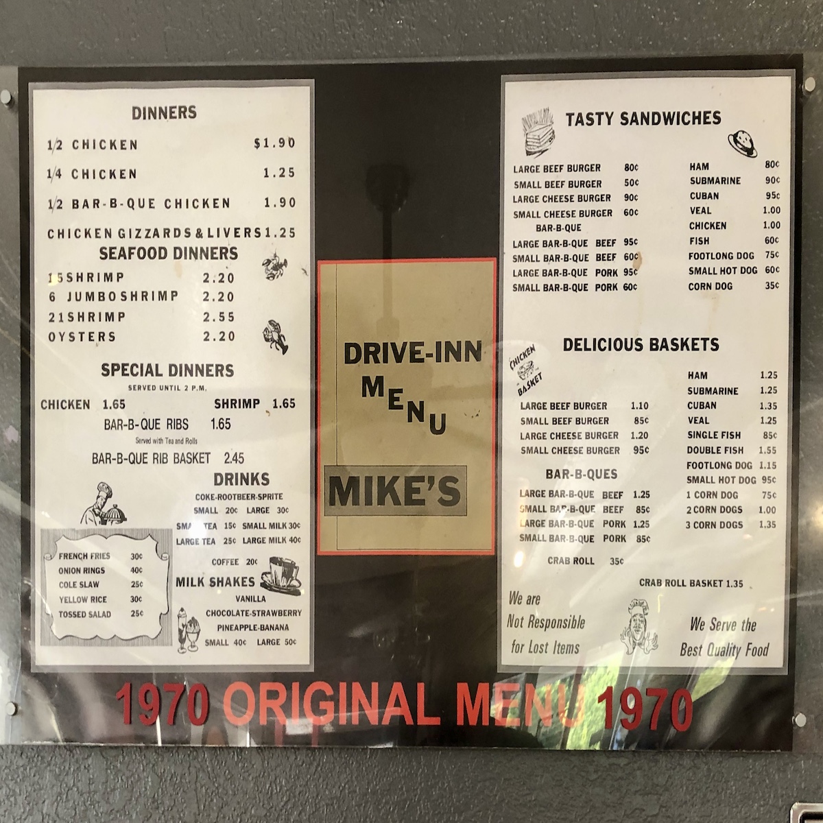 Original 1970 Menu from Mike's Drive-In in Bartow, Florida